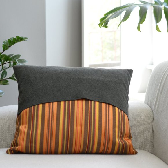 Stripped Orange & Gray, Handmade Decorative Pillow Cover, 14X18 - Picture 6 of 6